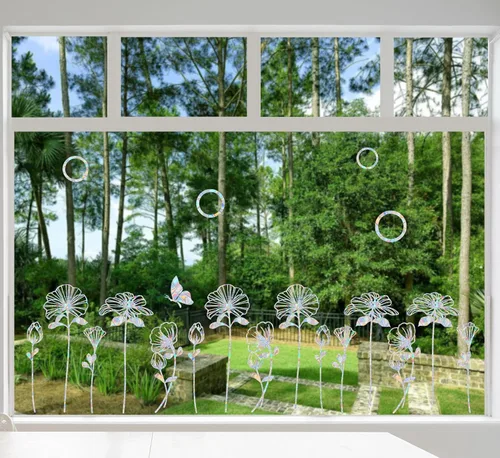 Vista 4 de 25 calcomanías para ventana de anillo de flores y mariposas para prevención de golpes de pájaros, reutilizables, atrapasoles arcoíris que se adhiere