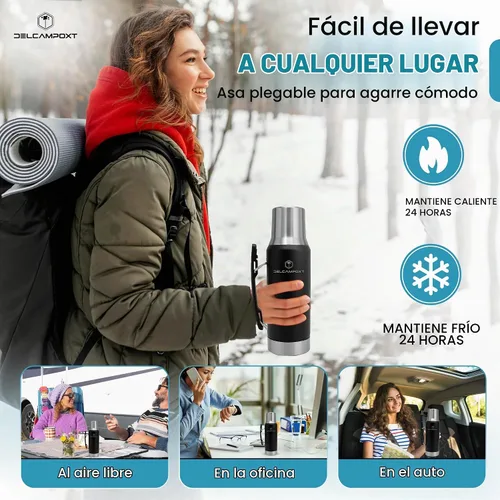 Vista 8 de Mate Thermal Flask Termo con tapa Tapa Vaso – Botella aislada al vacío de acero inoxidable de 1.2L (67.6 onzas), mantiene las bebidas calientes