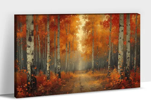Vista 39 de UZMKM Lienzo decorativo de abedul para pared, pintura de bosque otoñal, imagen panorámica de paisaje, vista de la naturaleza amarilla, obra de arte