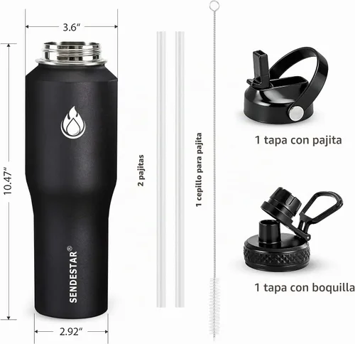 Vista 4 de SENDESTAR - Botella de agua de 0,9 L, 2 tapas (tapa con pajita), boca ancha de acero inoxidable aislada al vacío, doble pared, mantiene los líquidos