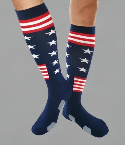 Vista 10 de Calcetines atléticos hasta la rodilla con la bandera estadounidense para béisbol, fútbol, sóftbol y fútbol