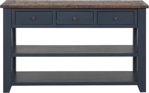 Vista 4 de LUMISOL Mesa consola de madera de granja con cajones y estantes de almacenamiento, mesa de sofá de entrada, mesa de pasillo, parte superior azul +