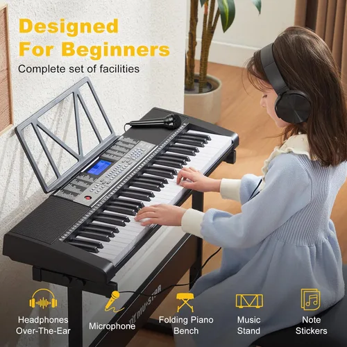 Vista 3 de Teclado de piano de 61 teclas, piano eléctrico con teclas iluminadas, 255 tonos/ritmos, sistema de aprendizaje inteligente, auriculares, micrófono