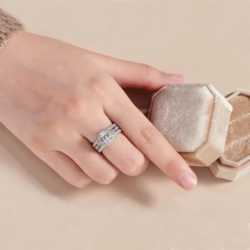 Vista 5 de Newshe Jewellery Juego de anillos de compromiso ovalados para mujer AAAAA con circonita cúbica 925 de plata de ley 925, juego de anillos de novia
