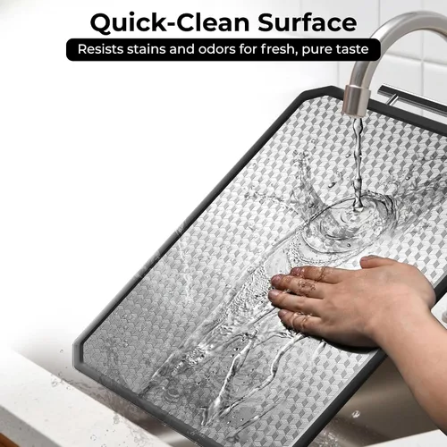 Vista 4 de Tabla de cortar de acero inoxidable Tabla de cortar de doble cara con mango antideslizante para cocina con diseño de malla antiarañazos Tabla