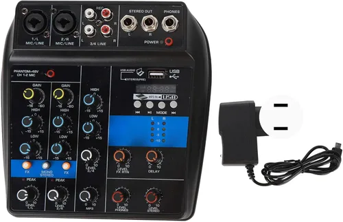 Vista 6 de Alomejor Mezclador de audio Consola mezcladora de DJ de 4 canales profesional con interfaz USB y equipo de escenario de efectos integrados