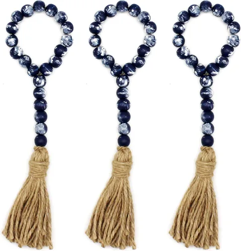 Vista 16 de CVHOMEDECO. Guirnalda de cuentas de madera con borlas, 3 piezas de cuentas rústicas de madera rústica para oración para colgar en la pared para Negro