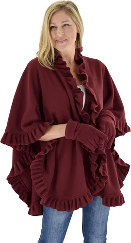 Vista 4 de Poncho de forro polar con volantes para mujer con guantes a juego