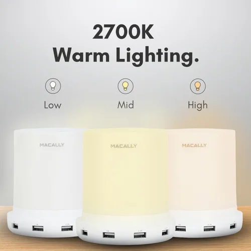 Vista 4 de Macally - lámpara LED para escritorio, mesa de luz, mesilla de noche con 4 puertos de carga USB. 3 niveles de brillo, control táctil, luz blanca
