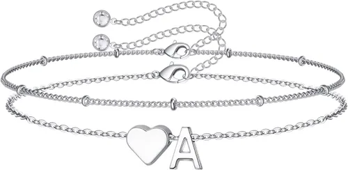 Vista 29 de M MOOHAM Pulseras de oro con inicial de corazón para mujer, pulseras con dije de letra A-Z de corazón dorado en capas para mujer, pulseras