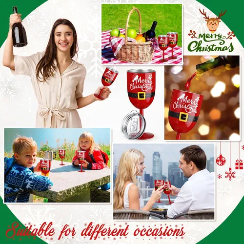 Vista 6 de Ziliny 4 copas de vino de Navidad de 10 onzas con tallo de acero inoxidable con tapas, cinturón de Papá Noel, copas irrompibles de doble pared