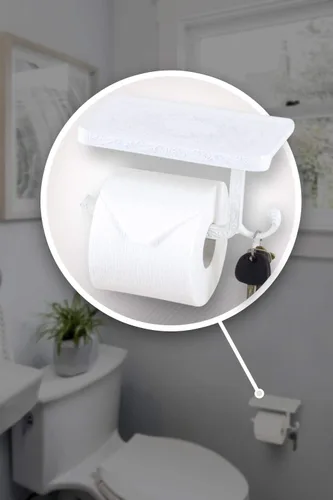Vista 3 de Neater Nest Soporte de papel higiénico reversible con estante para teléfono, estilo decorativo (blanco)