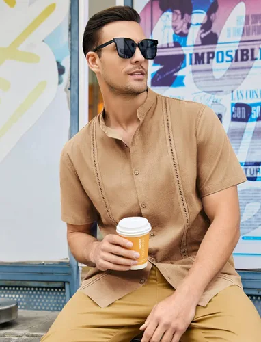 Vista 4 de Ryannology Camisas guayabera de lino de manga corta con botones para hombre, estilo casual, playa, campamento cubano, camisa mexicana para hombre
