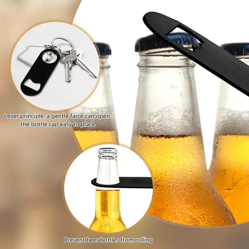 Vista 4 de 12 abridores de botellas planos de 3.5 x 1.18 pulgadas, abridor de botellas de cerveza de acero inoxidable negro, hoja de barra resistente, abridor
