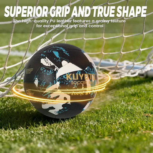 Vista 5 de KUYOTQ Soccer Ball, Machine Stitched PU/TPU Leather Soccer Ball Match & Training for Kids Youth Adult, Professional Construction for Durable in and