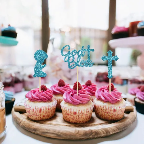Vista 7 de Gyufise 24 piezas de decoración de cupcakes con purpurina azul que Dios bendiga y cruz, decoración de pastel para baby shower, bautismo, fiesta