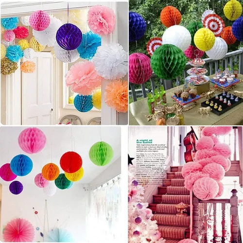 Vista 5 de 8 bolas de panal multicolor de 10 pulgadas, bolas de panal de papel de seda Paper Pom Poms Flower Balls DIY Art Hanging Honeycomb Balls for