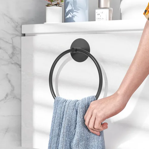 Vista 2 de Anillo para Toallas de Baño Negro Mate - Toallero de Baño de Acero Inoxidable SUS304, Susswiff Soporte Adhesivo para Toallas de Mano Montado