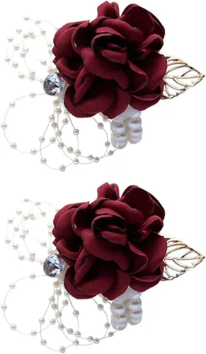 Vista 9 de Ramillete de muñeca para dama de honor para niña, flor de muñeca de seda nupcial con cuentas de perlas de imitación, pulsera elástica de hoja de oro