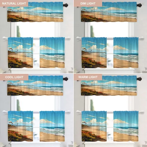 Vista 6 de Shrahala Beach Scenery Blackout Curtain Tiers, Coastal Landscape Kitchen Valance Light Blocking Tier Drapes with Rod Pocket, 2 Pack 26 X 24 in Blue1