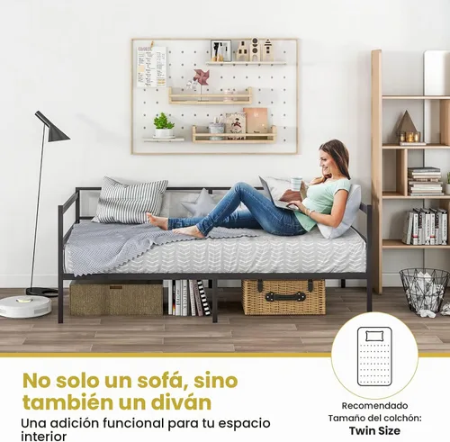 Vista 8 de KOMFOTT Marco de sofá cama de metal tamaño individual, plataforma de soporte de listones de metal resistente, sofá cama con almacenamiento,