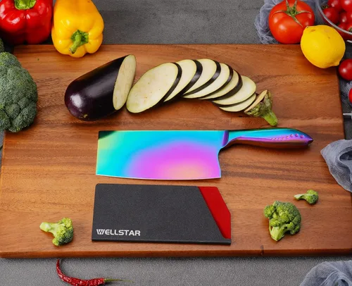 Vista 9 de WELLSTAR Cuchillo de carnicero y protector de hoja de arcoíris, cuchillo de carnicero chino iridiscente de 7 pulgadas, cuchillo de cocina alemán