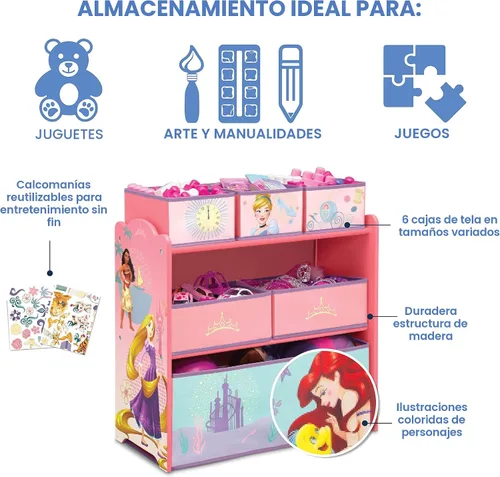 Vista 5 de Delta Children Design & Store Organizador de almacenamiento de juguetes de 6 compartimientos, Disney Princess