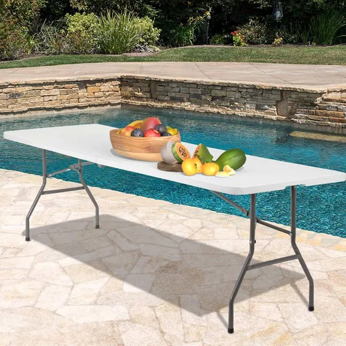 Vista 7 de Mesa plegable de 8 pies, mesas plegables de plástico resistente con asa de transporte, mesa plegable por la mitad ligera con función de bloqueo