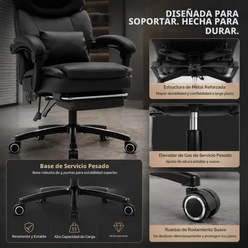 Vista 7 de Silla de oficina de calor de masaje grande y alta para personas ejecutivas de juegos Cuero Negro-2