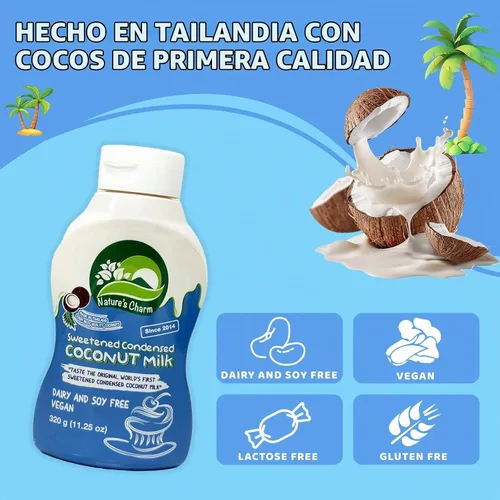 Vista 3 de Nature's Charm - Leche de coco condensada endulzada, botella para apretar, sin lácteos y soja, vegana, sin lactosa, sin gluten. Rico sabor a coco
