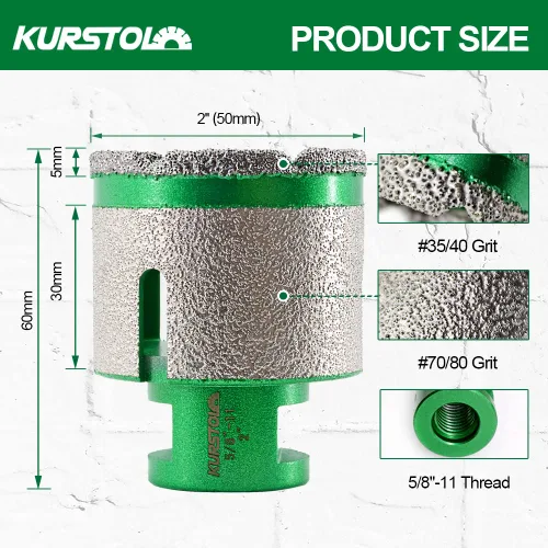 Vista 2 de Broca de núcleo de diamante – Broca de diamante para fresado de dedo de diámetro de 2 x 58 – 11 pulgadas, rosca para agrandar, dar forma a bisel