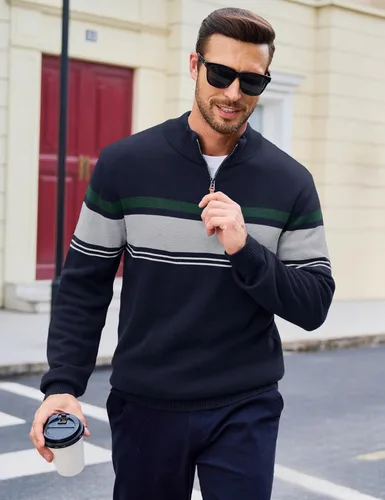 Vista 26 de MAGCOMSEN Suéteres de algodón con cremallera de 1/4 para hombre, suéter tipo polo, a rayas, para otoño e invierno, sudaderas cálidas