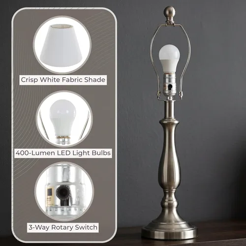 Vista 4 de Lámparas de mesa de acero cepillado, juego de 2 luces tradicionales con bombillas LED, decoración del hogar para dormitorio, sala de estar, oficina