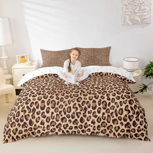 Vista 21 de Feelyou Juego de ropa de cama con estampado de leopardo para niños, tamaño individual, funda de edredón de guepardo safari, funda de edredón de piel
