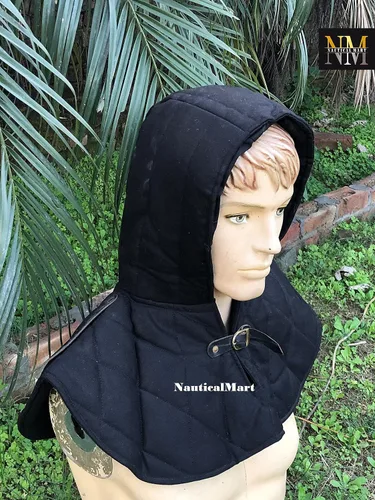 Vista 3 de Collar de armadura medieval renacentista de algodón acolchado y gorra de armado, cuello gorget, correa y hebilla, protector de cabeza de cuello