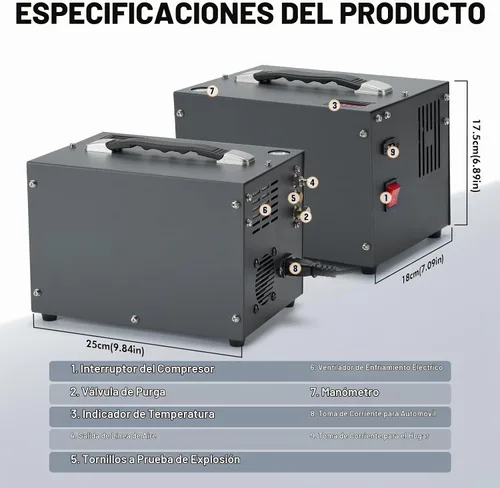 Vista 6 de Compresor de aire PCP, compresor de pistola de aire, portátil 4500Psi/30Mpa, sin agua/aceite, arranque de un botón, disco de estallido, ventilador