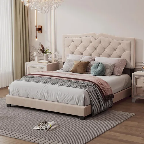 Vista 3 de Marco de cama de terciopelo tamaño Queen, cabecera capitonada con alas de canal vertical, cama con plataforma tapizada, listones de madera fuertes