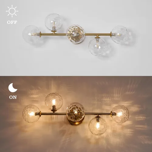 Vista 4 de Luminarias de Espejo de Tocador de Baño: Aplique de Pared de Baño Regulable de 5 Luces - Luces de Tocador de Latón Dorado con Pantalla de Vidrio