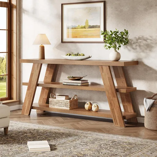 Vista 5 de Tribesigns - Mesa consola extralarga de 70.9" con almacenamiento, mesa de sofá estrecha de 3 niveles en madera detrás del sofá, mesa de entrada