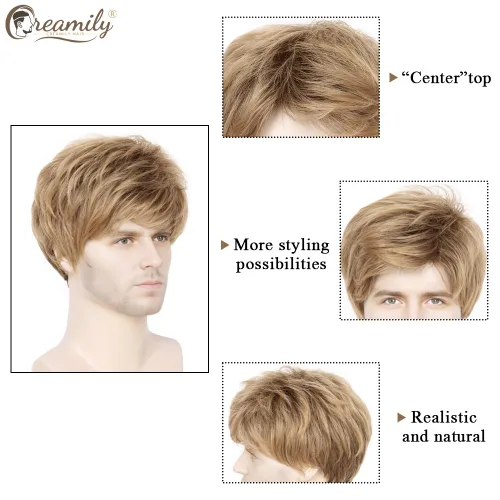 Vista 4 de Creamily Peluca marrón para hombre, disfraz de pelo corto, estilo cosplay marrón (Brown-1)