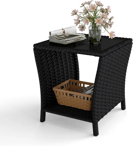 Vista 2 de kinbor Mesa pequeña para exteriores – Mesa auxiliar de mimbre para exteriores con estante de almacenamiento para patio, balcón y porche, ratán