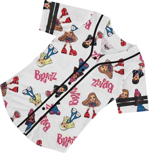 Vista 6 de Bratz Camiseta de béisbol para mujer, diseño de Yasmin, Cloe, Jade y Sasha con botones de malla