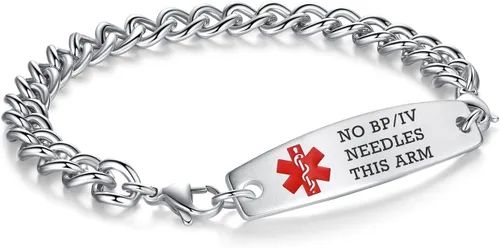 Vista 184 de Brazaletes de alerta médica ajustables de 7.5" a 9" para mujer/hombre, de acero inoxidable, intercambiables Cadena de bloque