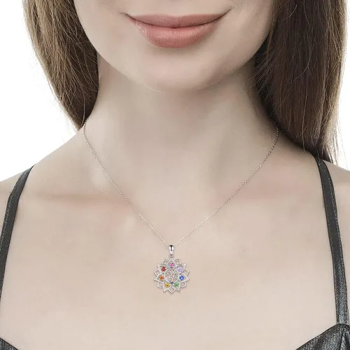 Vista 4 de Chakra Yoga Lotus Flower Necklace 925 Sterling Silver Om Ohm Symbol Crystal Pendant Necklace Spiritual Jewelry Gift for Women Girls