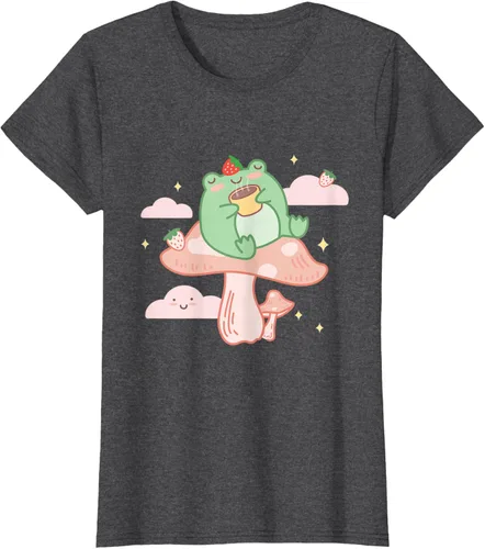Vista 6 de Kawaii Strawberry Frog On Mushroom - Camiseta de manga corta de anime, Azul / Patchwork, S Azul Pastel