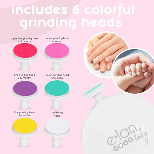 Vista 2 de Elan Baby Cortadora de uñas eléctrica, lima de uñas para bebé, lima de uñas segura y fácil para recién nacidos, bebés y niños pequeños, 6 cabezales