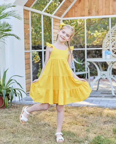Vista 3 de Vieille Vestido de verano para niñas pequeñas, con volantes, sin mangas, casual, vestido de playa, escalonado, vestido de princesa para 2-8 años