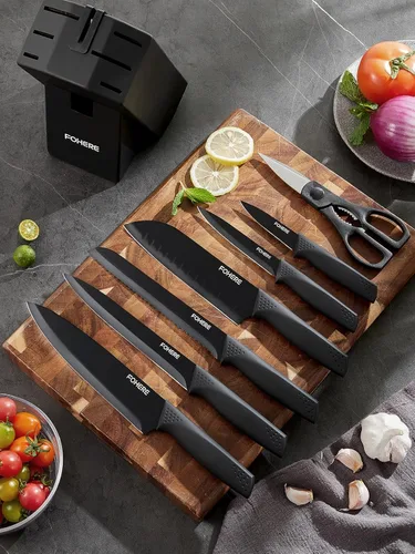 Vista 6 de FOHERE - Juego de cuchillos de cocina de 8 piezas con bloque de acero inoxidable de alto carbono, juego de bloques de cuchillos autoafilables