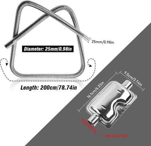 Vista 2 de 200cm/78" Tubo de escape para calentador diesel con silenciador y abrazaderas, manguera de 1"/2.5cm de acero inoxidable para calentador de aire