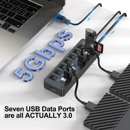 Vista 3 de Hub USB alimentado con cable de 4 pies para PC, 7 puertos de datos USB3.0 y 1 puerto de carga inteligente con adaptador de corriente e interruptores